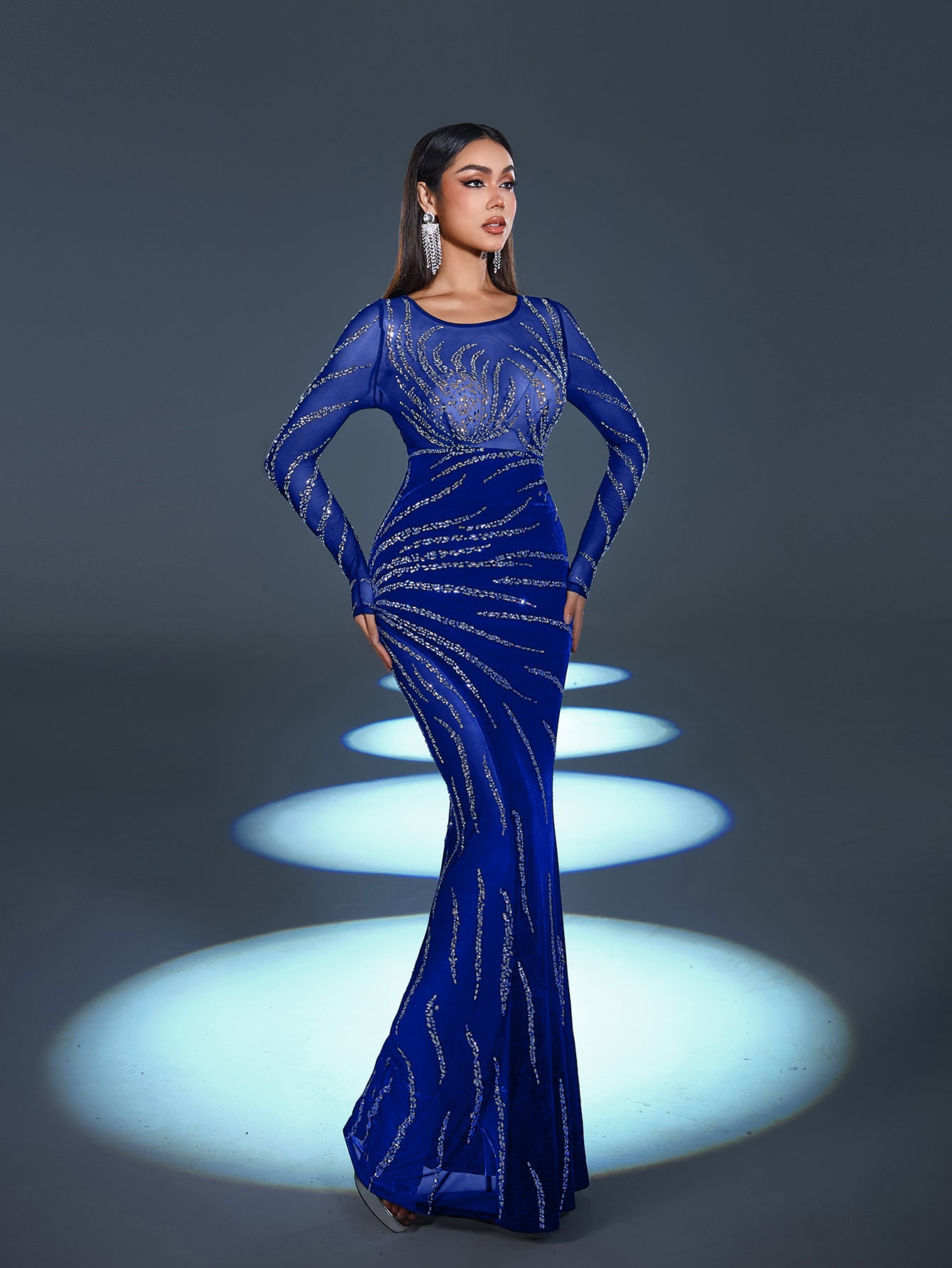 Gorgous Rhinestone Embellished Sheer Sleeves Mermaid Hem Velvet Evening Dress