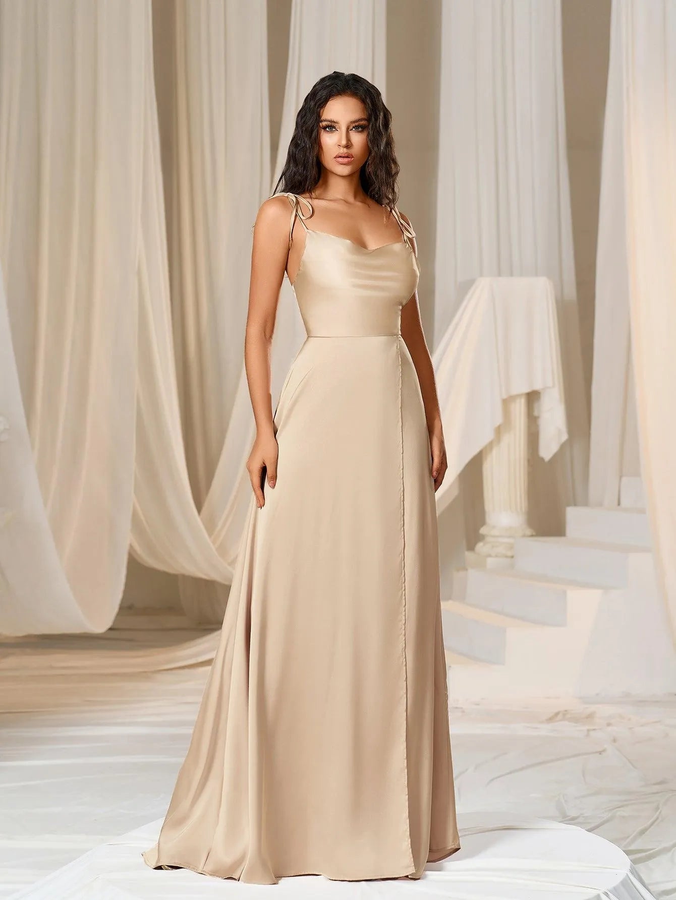 Elegant Tie Shoulder Satin Bridesmaid Dress - Elonnashop