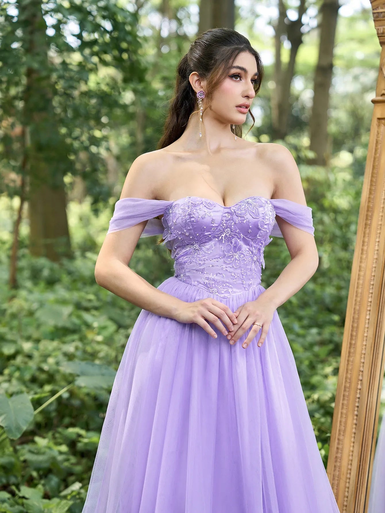 Gorgeous Off Shoulder Floral Beaded Bodice Tulle Prom Dress