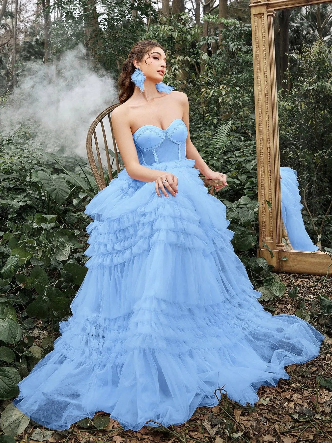 Gorgeous Strapless Cascading Ruffles Hem Tulle Prom Dress - Elonnashop