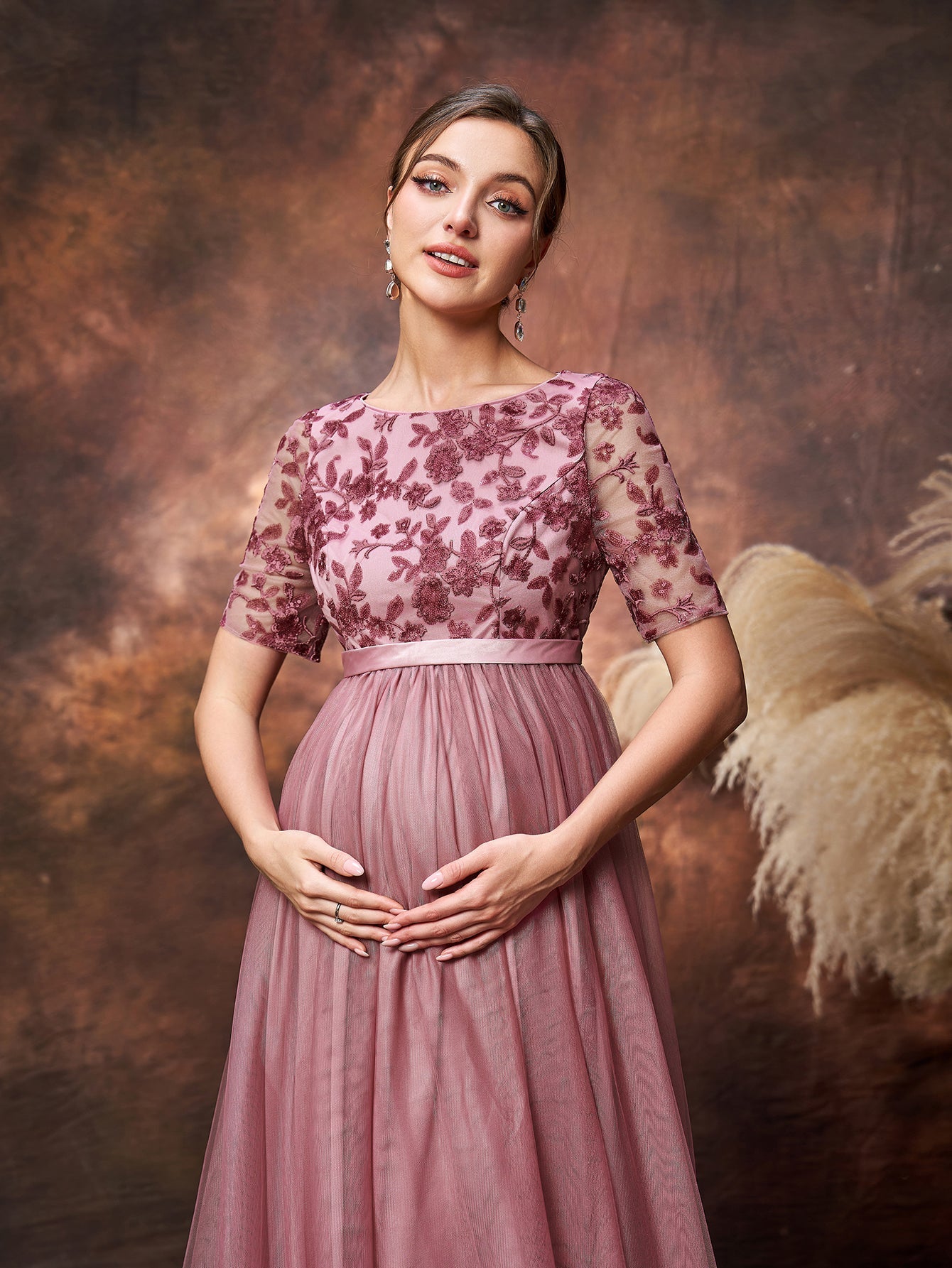 Maternity Floral Sequin Embroidered Bodice Formal Party Dress