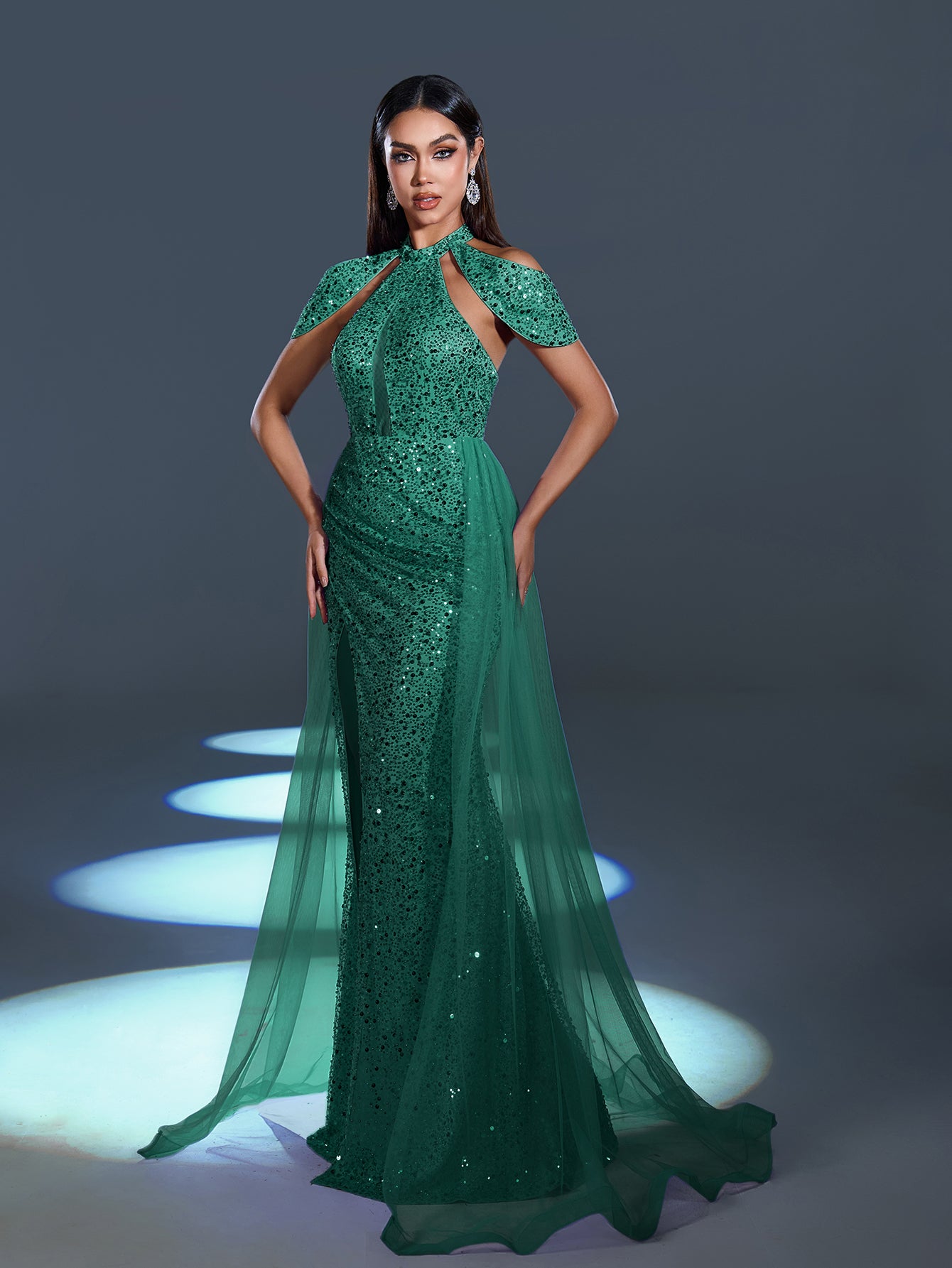 Elegant Mesh Overlay Split Mermaid Hem Sequined Beaded Evening Dress