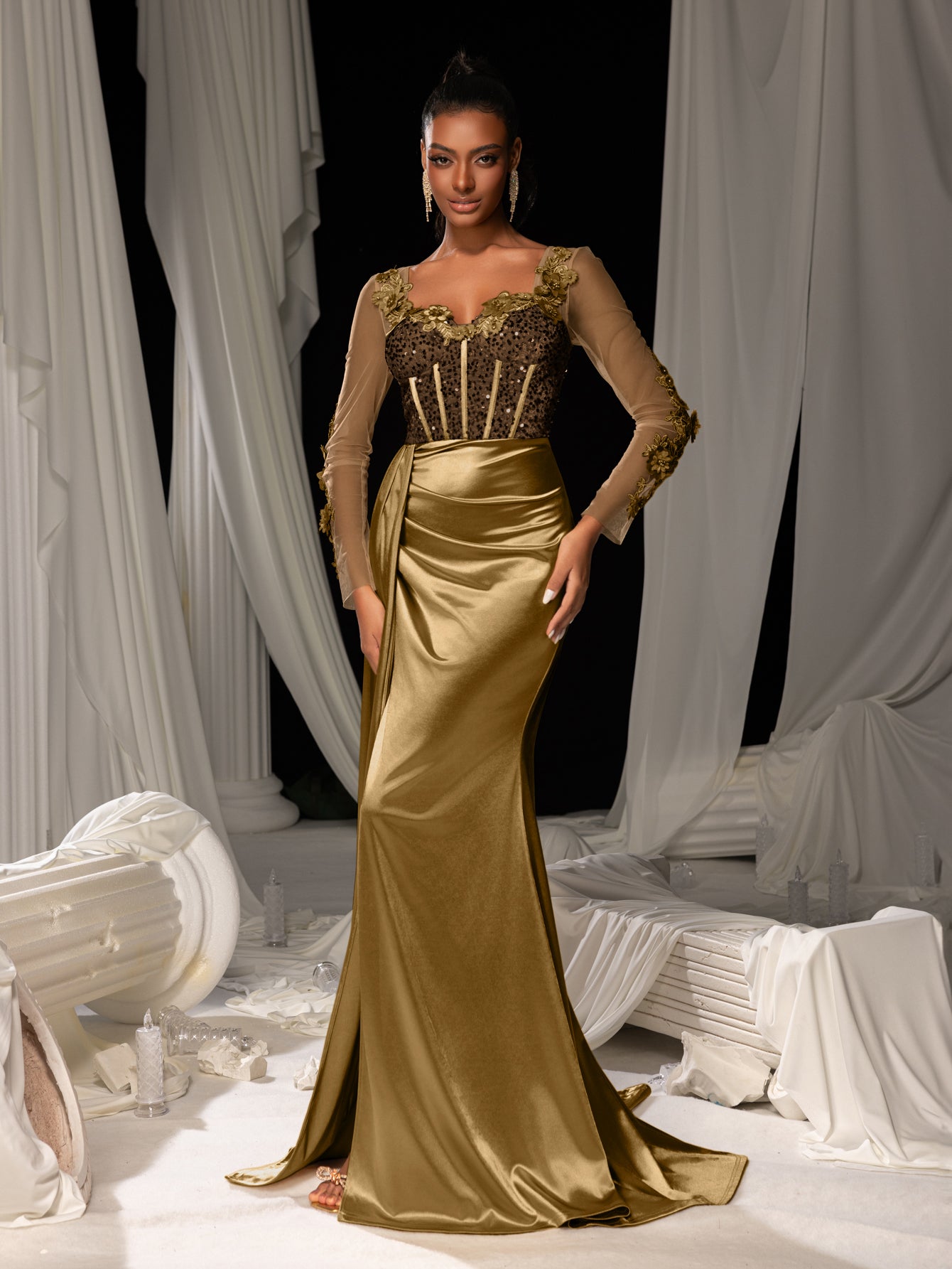 Elegant Sequin Bodice Sheer Sleeves Mermaid Hem Satin Evening Dress