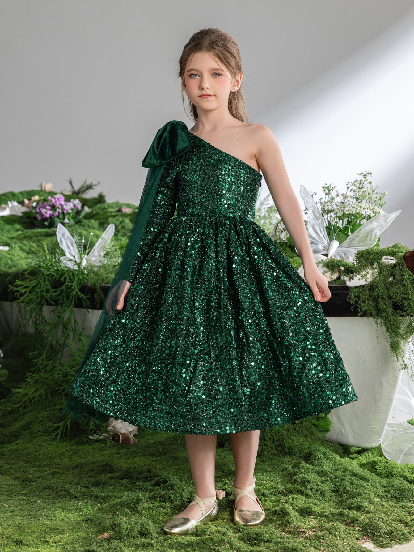 Tween Mädchen-Partykleid mit One-Shoulder-Schleife und Pailletten 