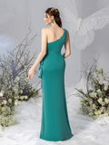 Maternity One Shoulder Ruffle Trim Slit Mermaid Dress