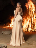 Plus Elegant Satin Asymmetric Mermaid Gown with High Slit