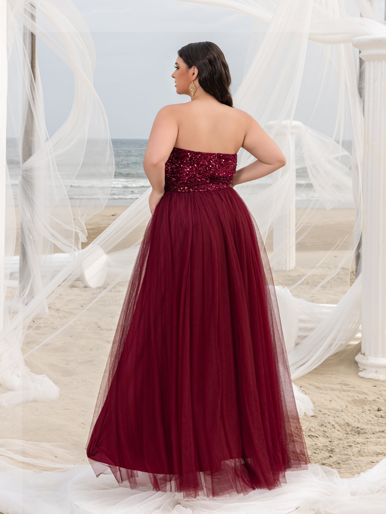 Plus Elegant Sequin Strapless Split Thigh A-line Formal Dress
