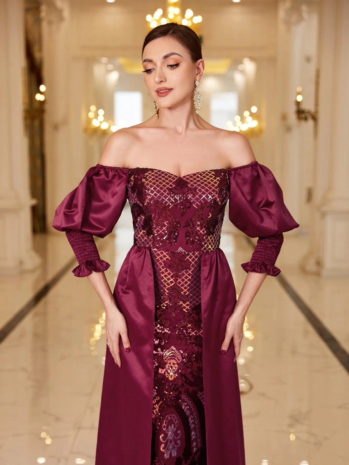 Off Shoulder Gigot Sleeves Sequin Prom Dress - Elonnashop