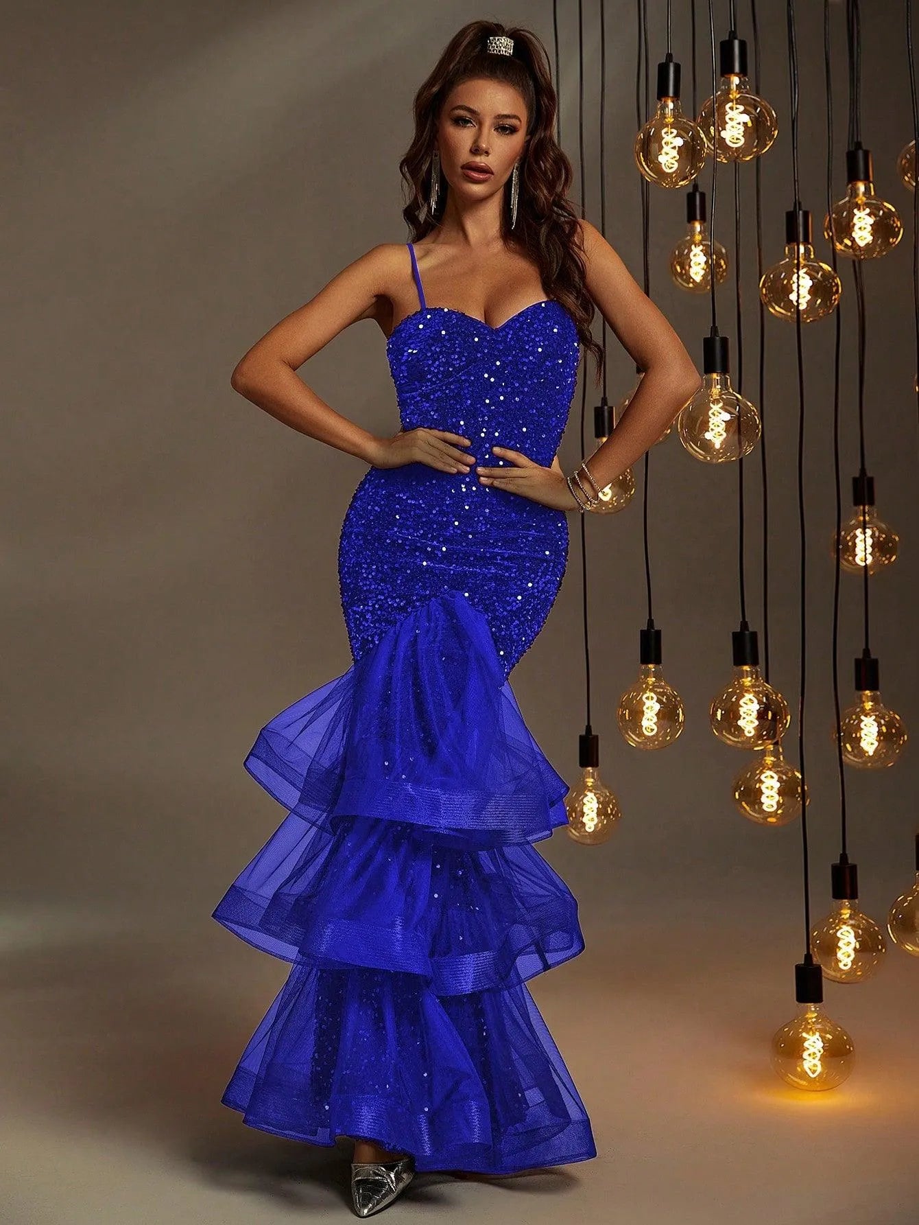 Spaghetti Strap Back Cut Out Sequin Mermaid Dress - Elonnashop