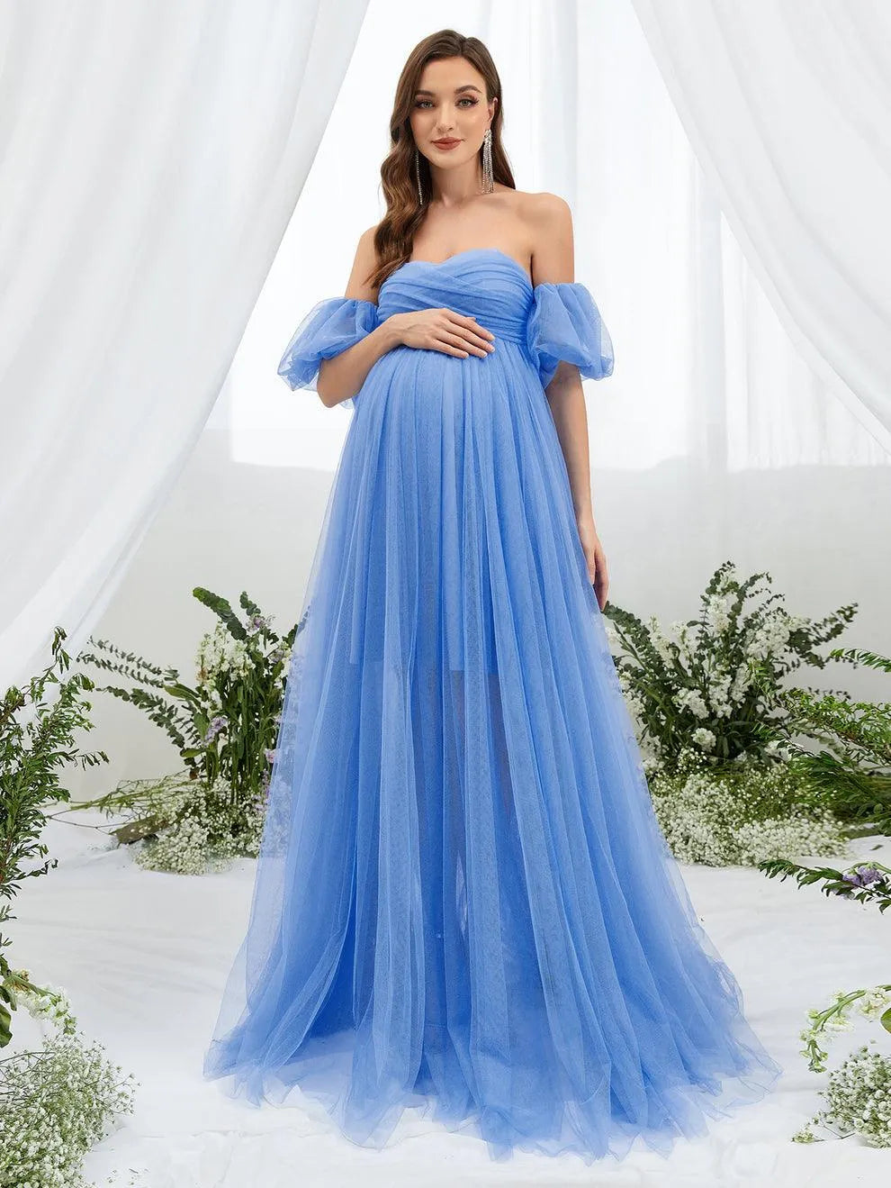 Maternity Off Shoulder Puff Sleeve Mesh Overlay Dress - Elonnashop