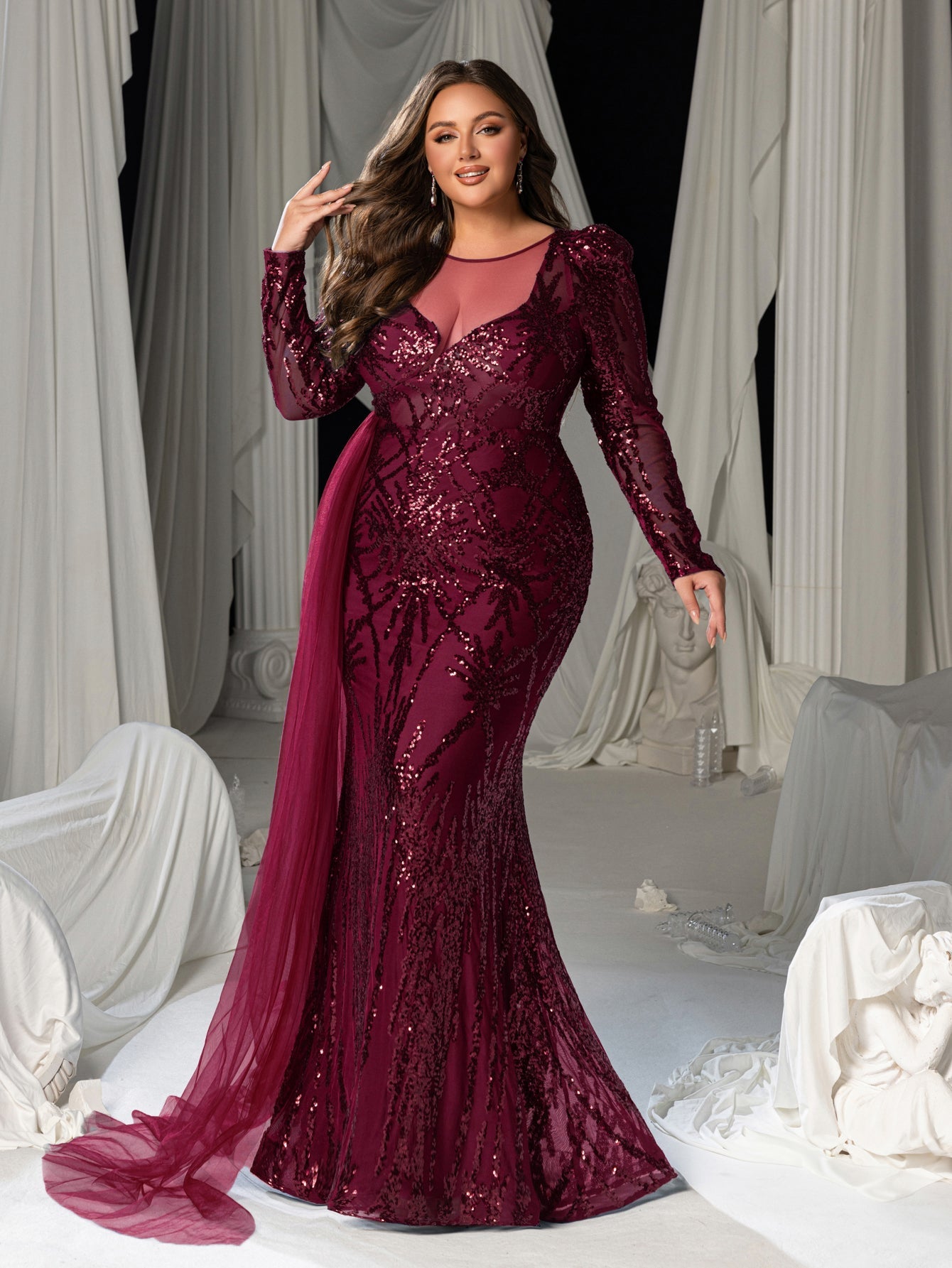 Gorgeous Graphic Sequin Sheer Overlay Mermaid Hem Evening Dress