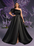 Plus-Size Dramatic Black Bridal Gowns: Asymmetrical One-Shoulder & Backless Satin Ball Dresses with Floor-Length Silhouette