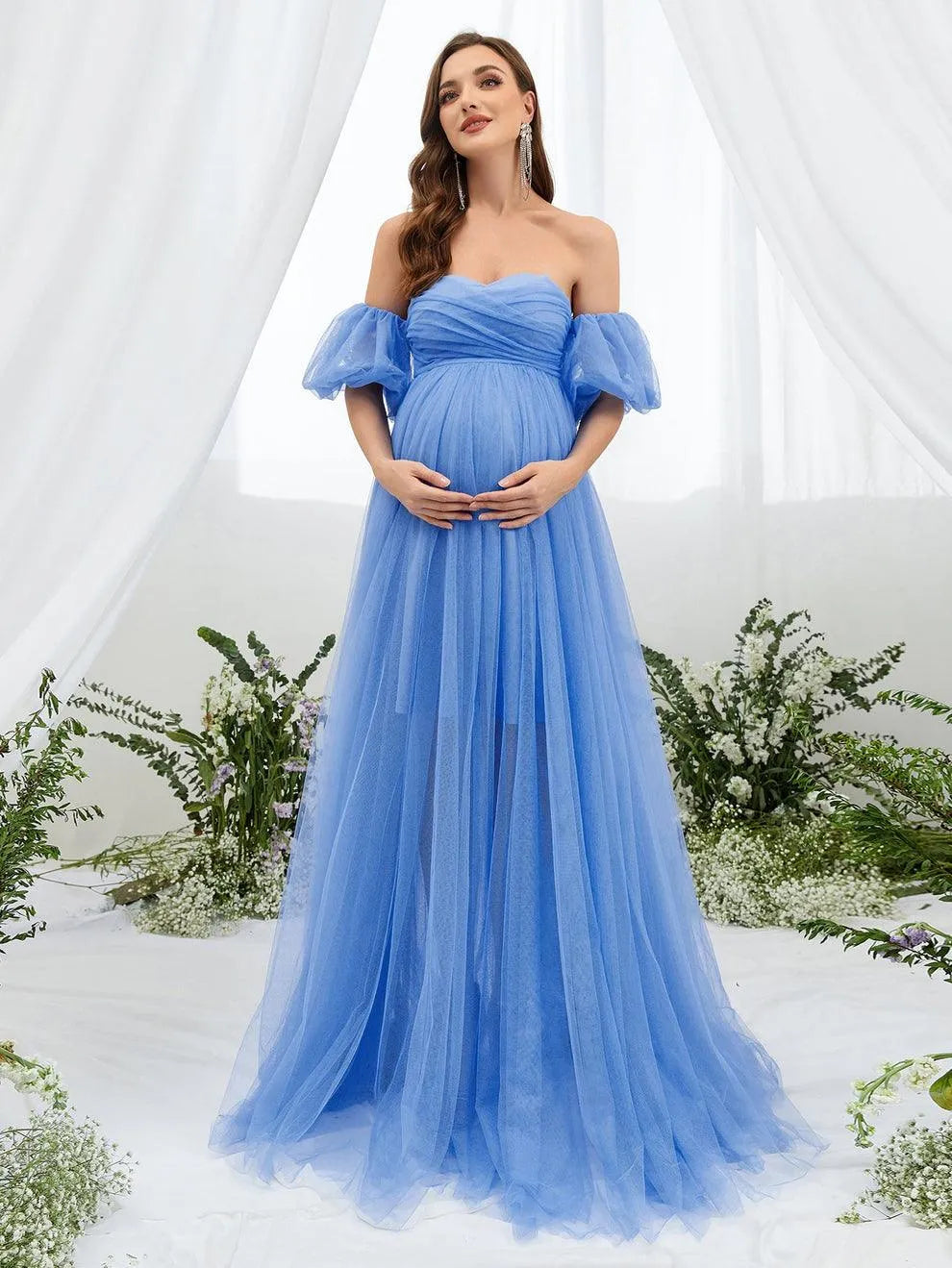 Maternity Off Shoulder Puff Sleeve Mesh Overlay Dress - Elonnashop