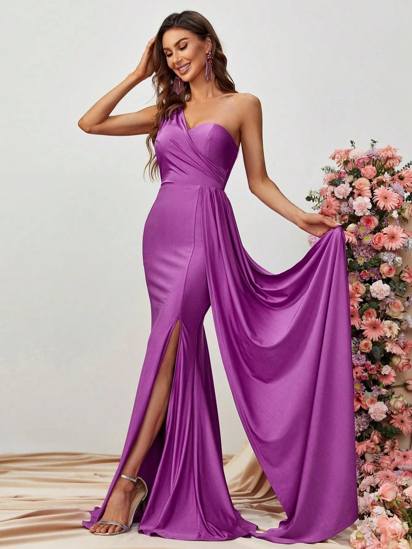 One Shoulder Draped Side Split Thigh Formal Dress - Elonnashop