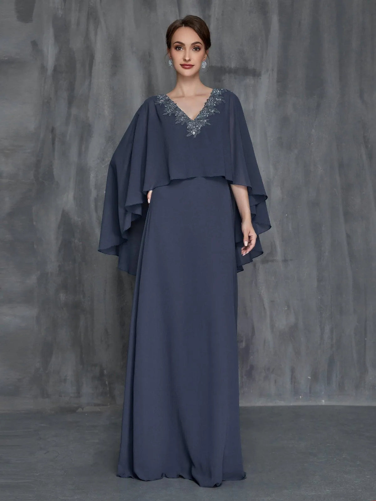 Womens' Solid Applique Detail V Neck Chiffon Cape Dress - Elonnashop