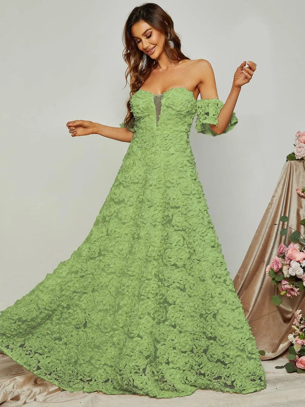 Off Shoulder 3D Flower A-Line Prom Dress - Elonnashop