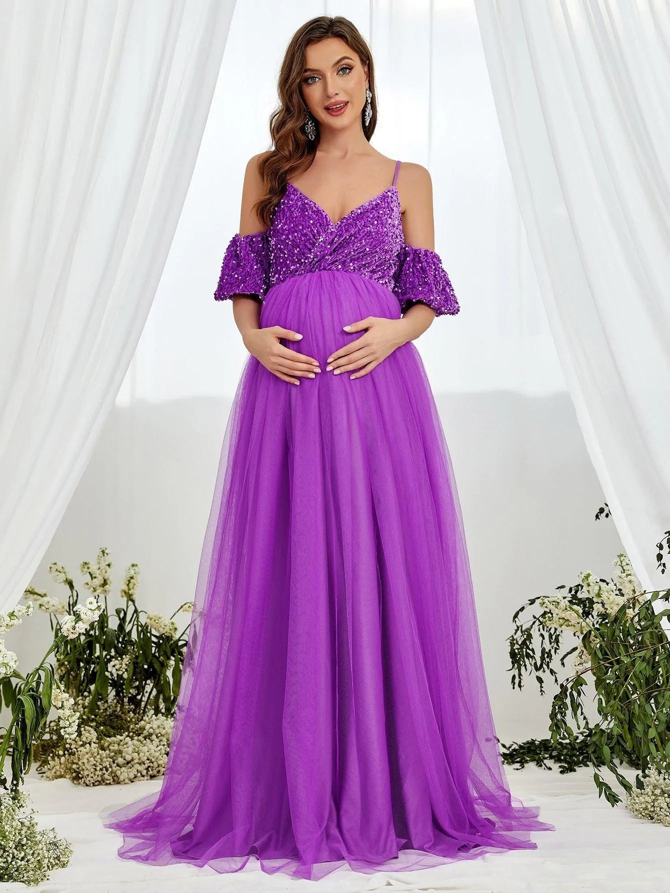 Maternity Cold Shoulder Sequin Bodice Contrast Mesh Hem Dress - Elonnashop