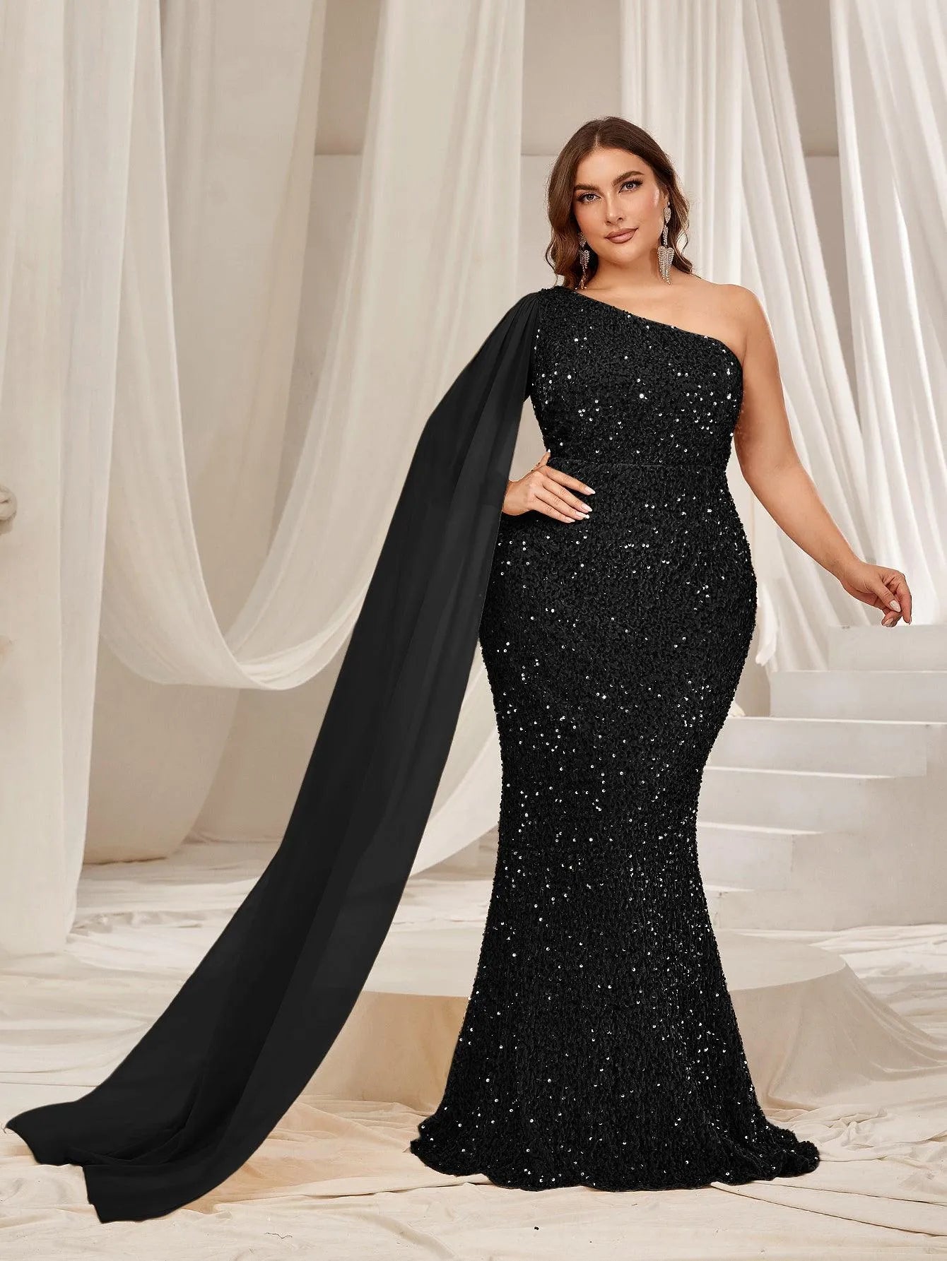 Plus One Shoulder Draped Side Sequin Mermaid Dress - Elonnashop