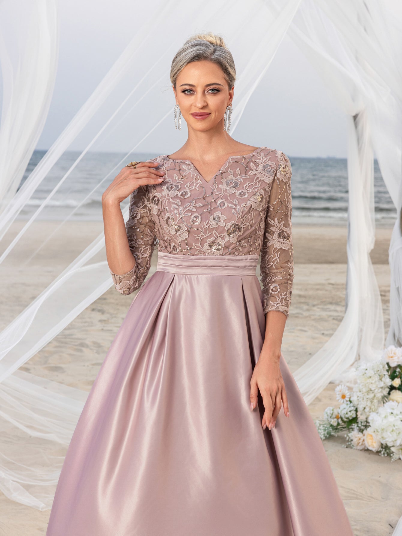 Womens' Glamorous Evening Gown: Allover Sequin-Embroidered Bodice & Satin A-Line Skirt – Elegant Formal Dress for Black-Tie Events
