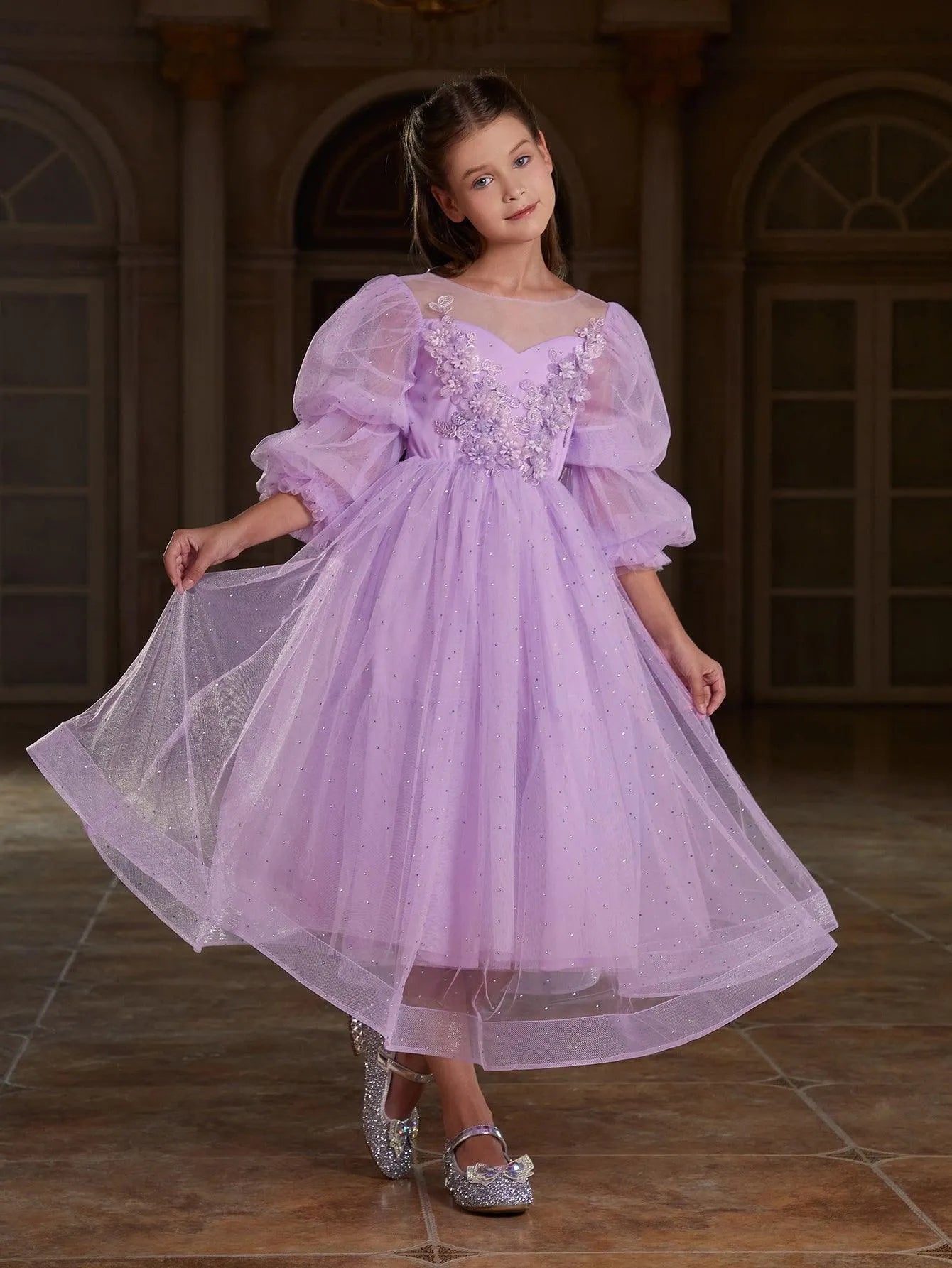 Tween Girls' Applique Detail Puff Sleeve Mesh Prom Dress - Elonnashop