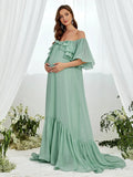 Maternity Off Shoulder Layered Ruffle Sleeves Chiffon Dress - Elonnashop