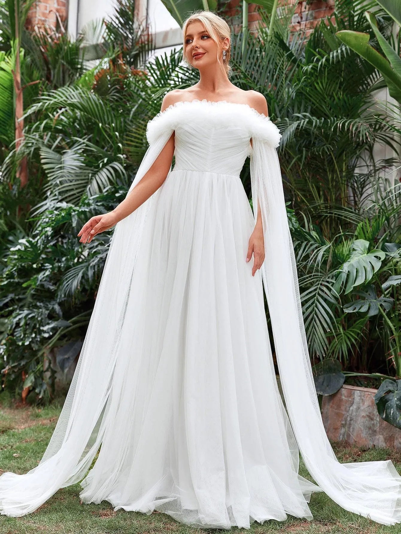 Off Shoulder Ruched Front Cloak Sleeve Mesh Wedding Dress - Elonnashop