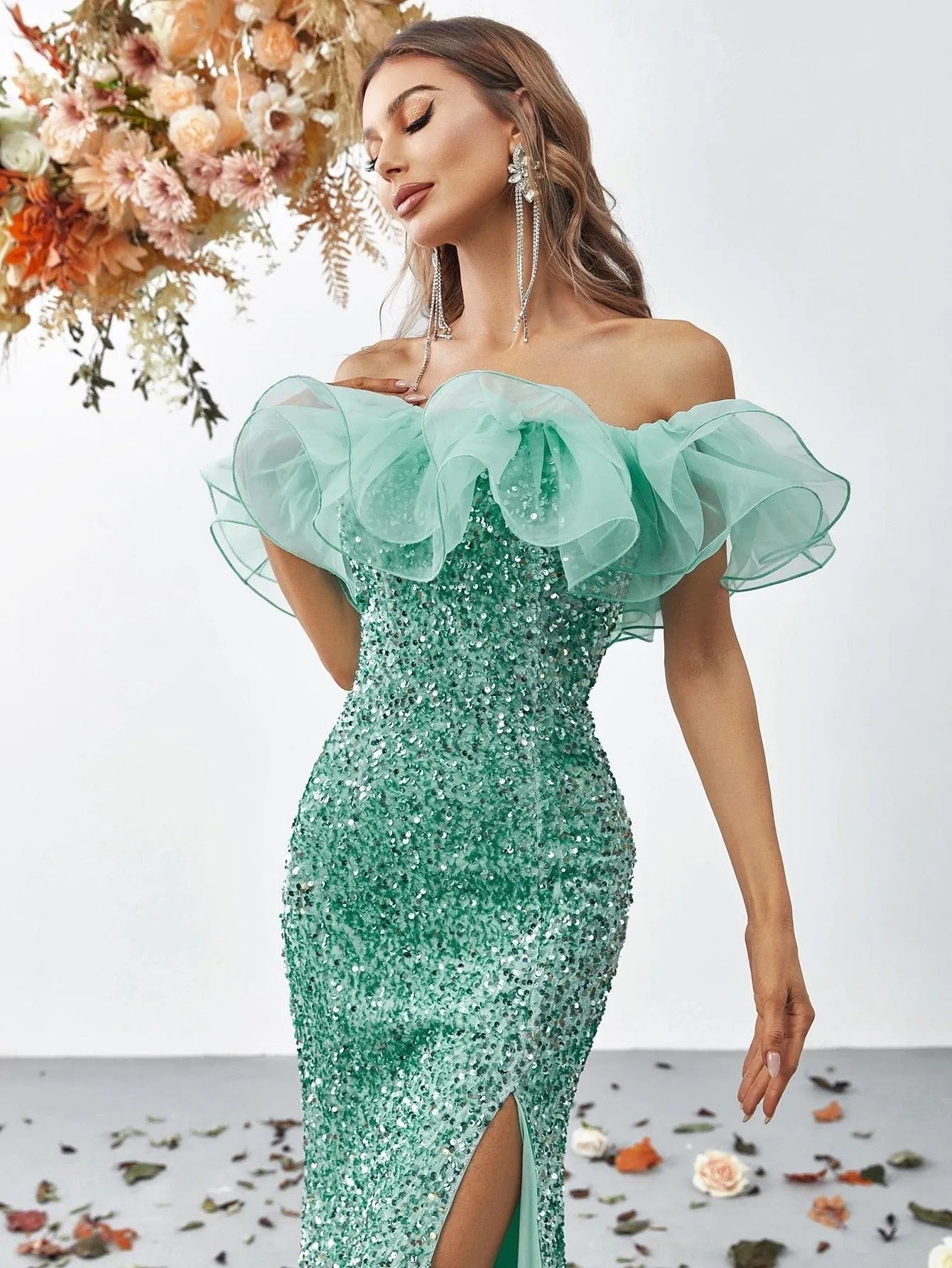 Off Shoulder Ruffle Trim Split Thigh Sequin Mermaid Dress - Elonnashop