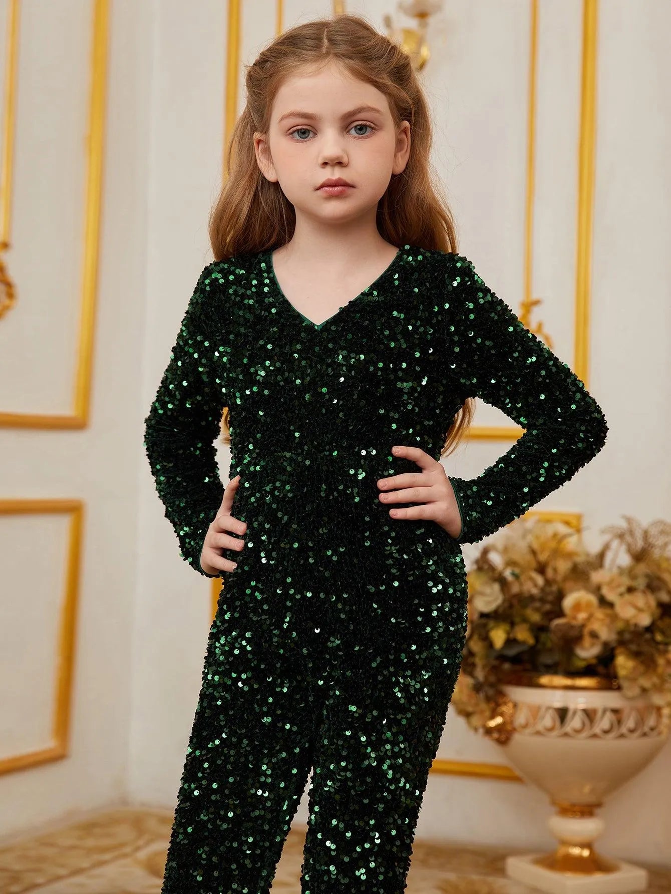 Tween Girls' V Neck Long Sleeves Sequin Jumpsuit - Elonnashop