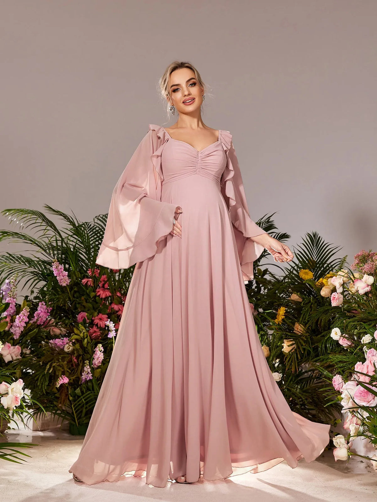 Maternity Sweetheart Neck Cape Sleeves Chiffon Evening Dress