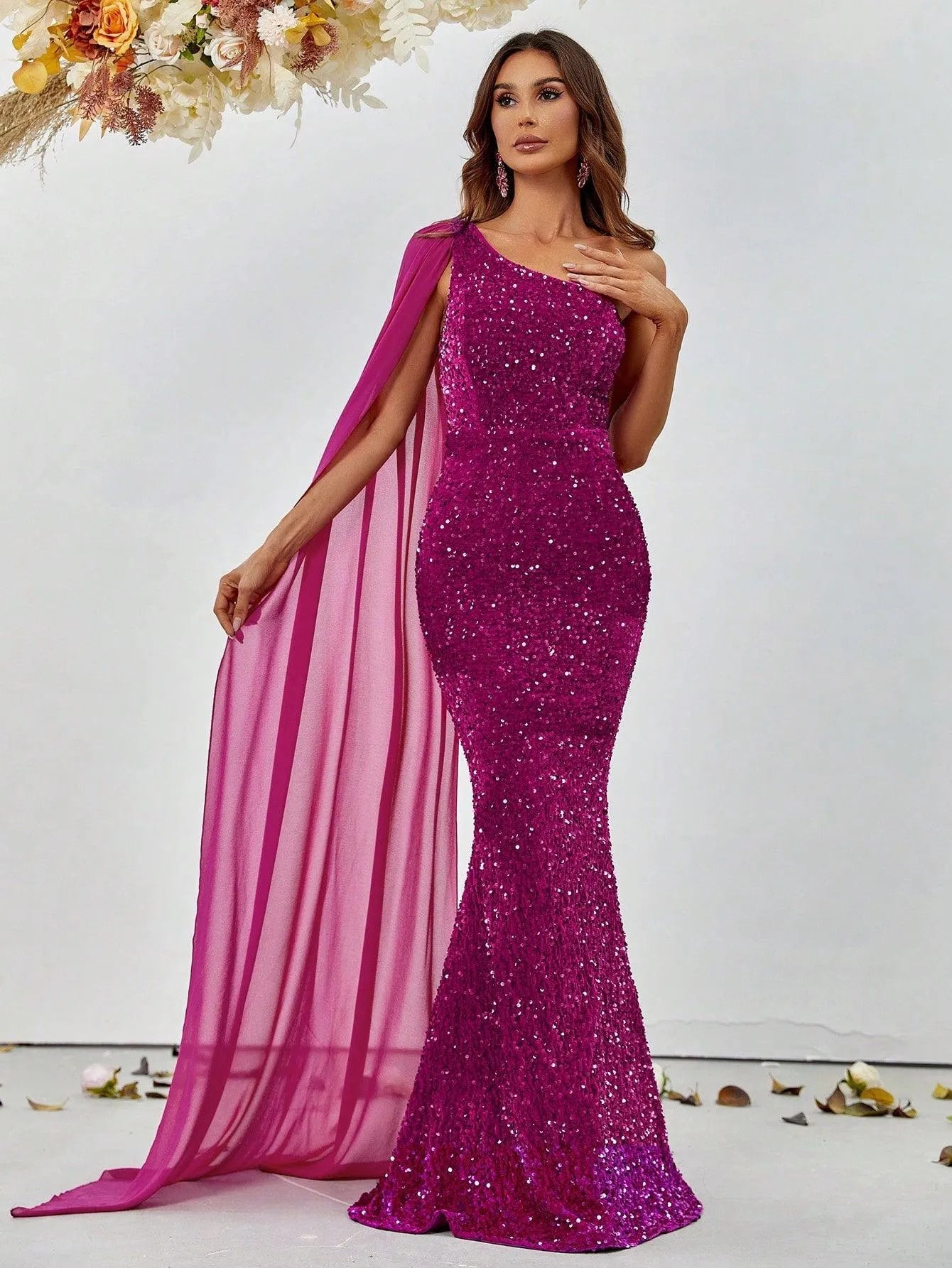 Elegant Sequin One Shoulder Sash Prom Dresses - Elonnashop