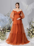 Maternity Off Shoulder Bishop Sleeves Layered Tulle Photography Dress