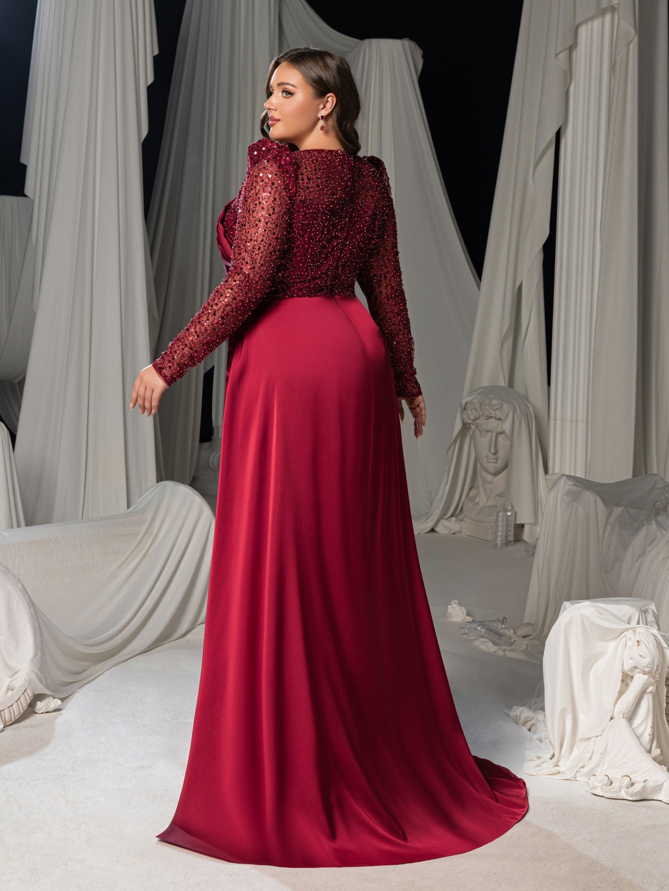 Plus Sequin Long Sleeve V-Neck Formal Dress, Satin Mermaid Train Evening Gown