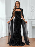 Black Chiffon Cloak Sleeves Sequin Tube Dress - Elonnashop