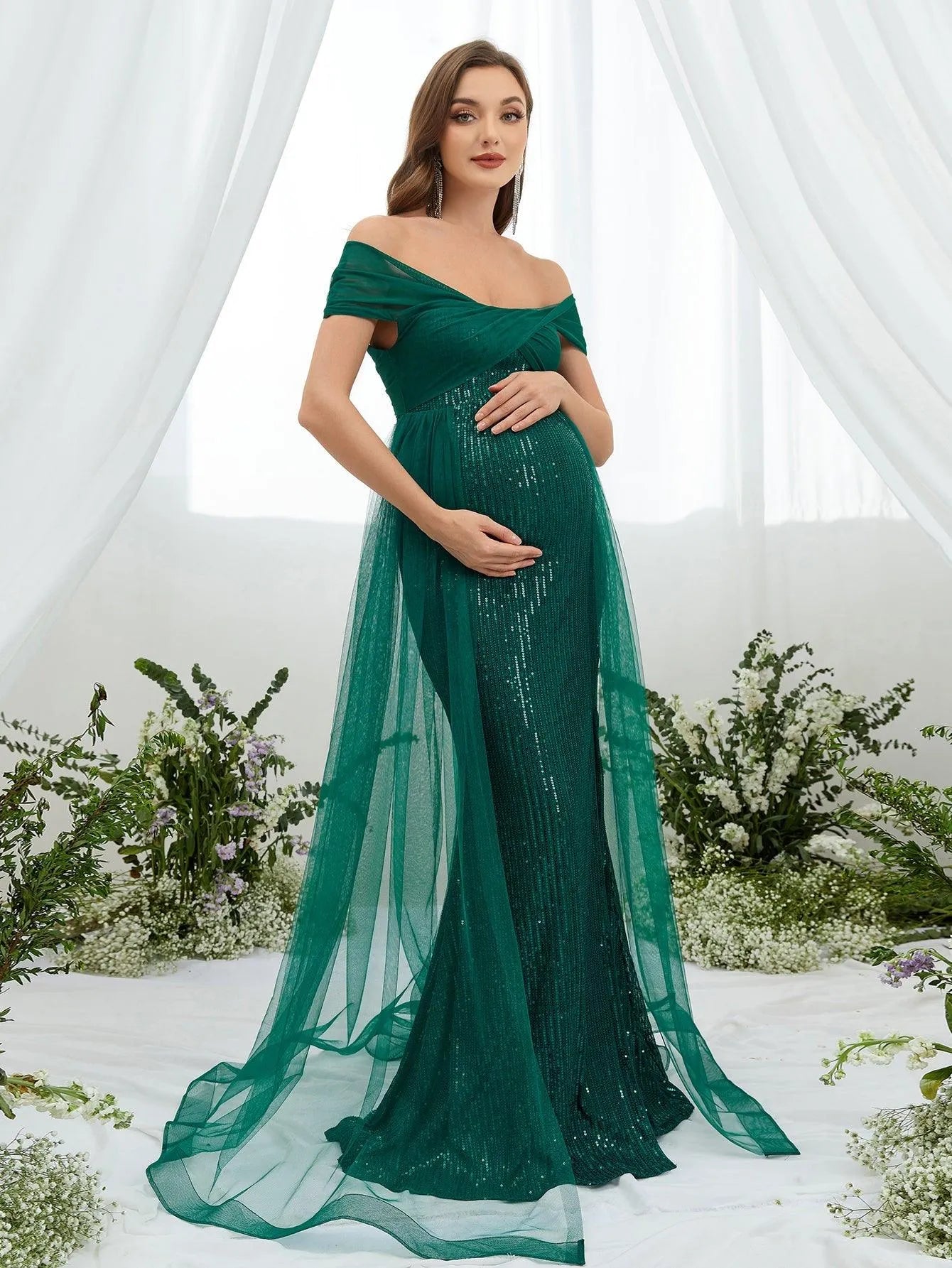 Maternity Off Shoulder Split Sequin Mermaid Dress - Elonnashop