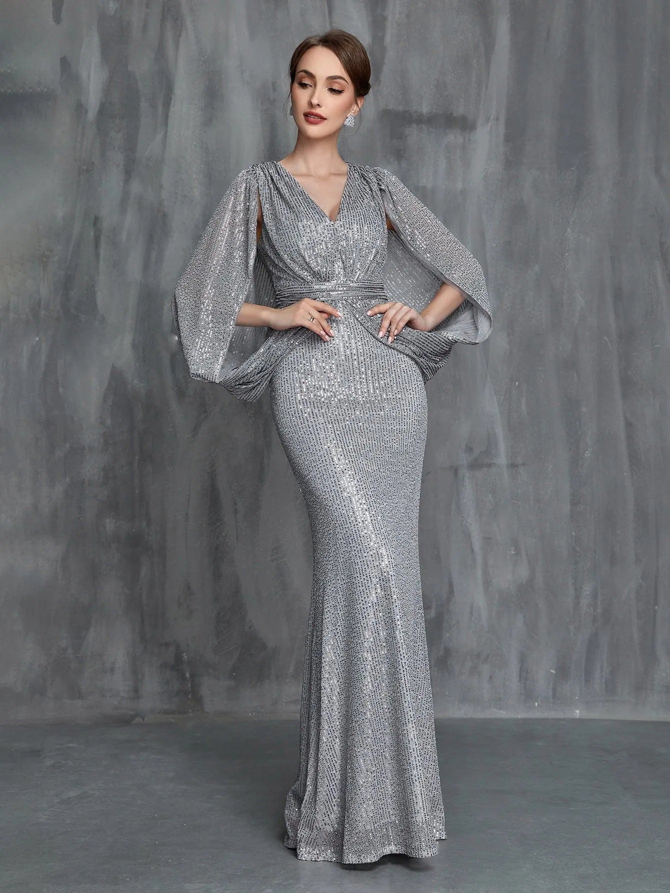 Womens' Split Sleeve Sequin Mermaid Hem Formal Dress - Elonnashop