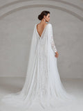 Elegant Square Neck Mermaid Lace Wedding Dress With Cape - Elonnashop