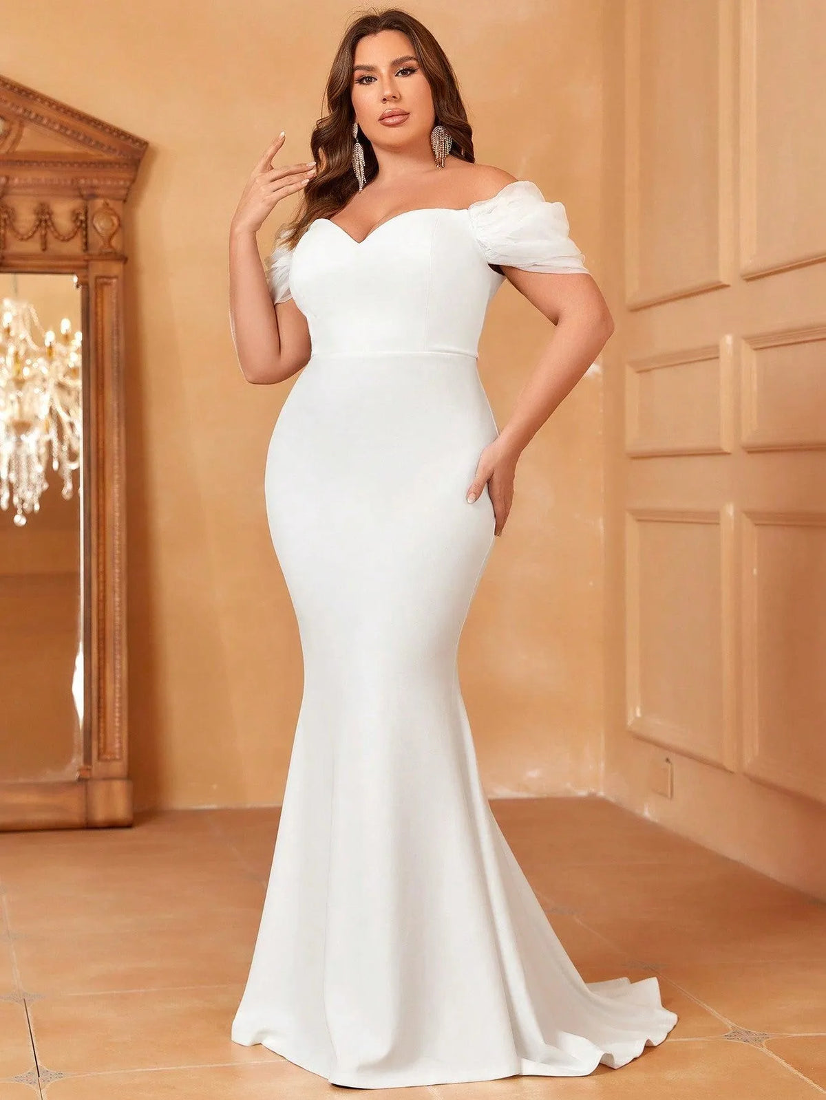 Plus Off Shoulder Mermaid Hem Wedding Dress - Elonnashop