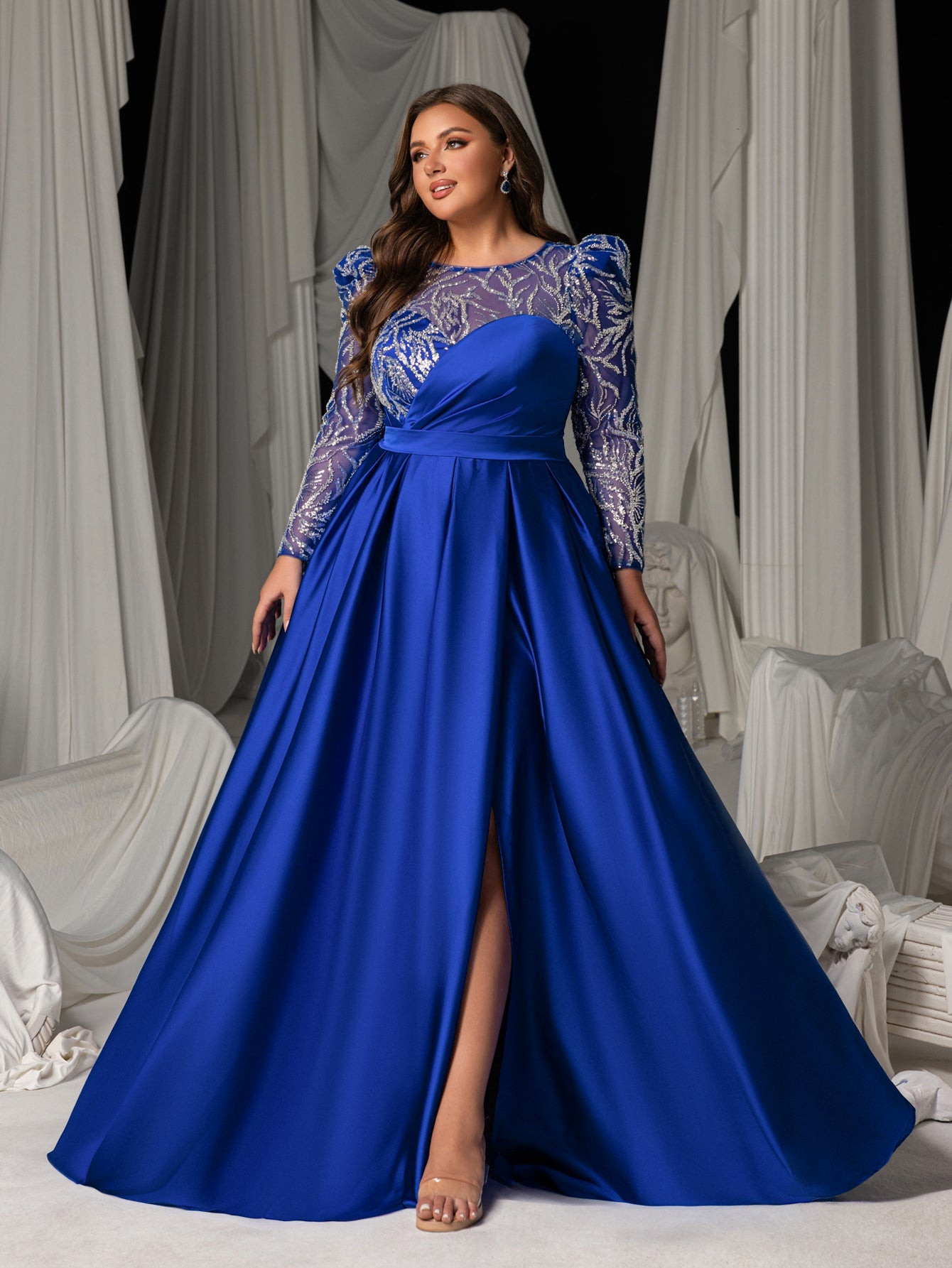 Plus Women's Sequin Bodice Formal Gown | Long Sleeves | Full Flared Skirt
