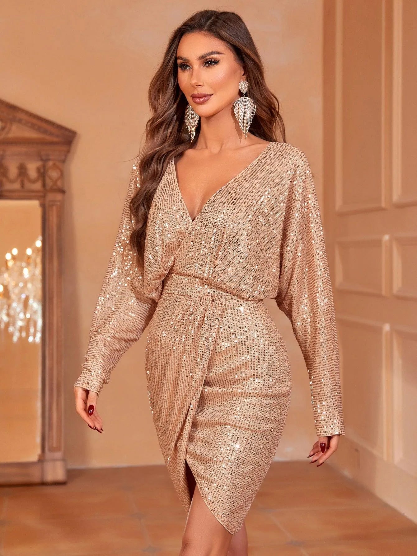 Surplice Neck Dolman Sleeves Sequin Party Dress - Elonnashop