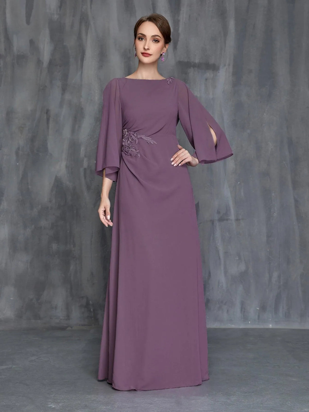 Womens' Applique Decor 3/4 Sleeves Chiffon Formal Dress - Elonnashop