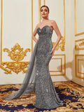 Elegant Strapless Draped Side Mermaid Hem Sequin Evening Dress