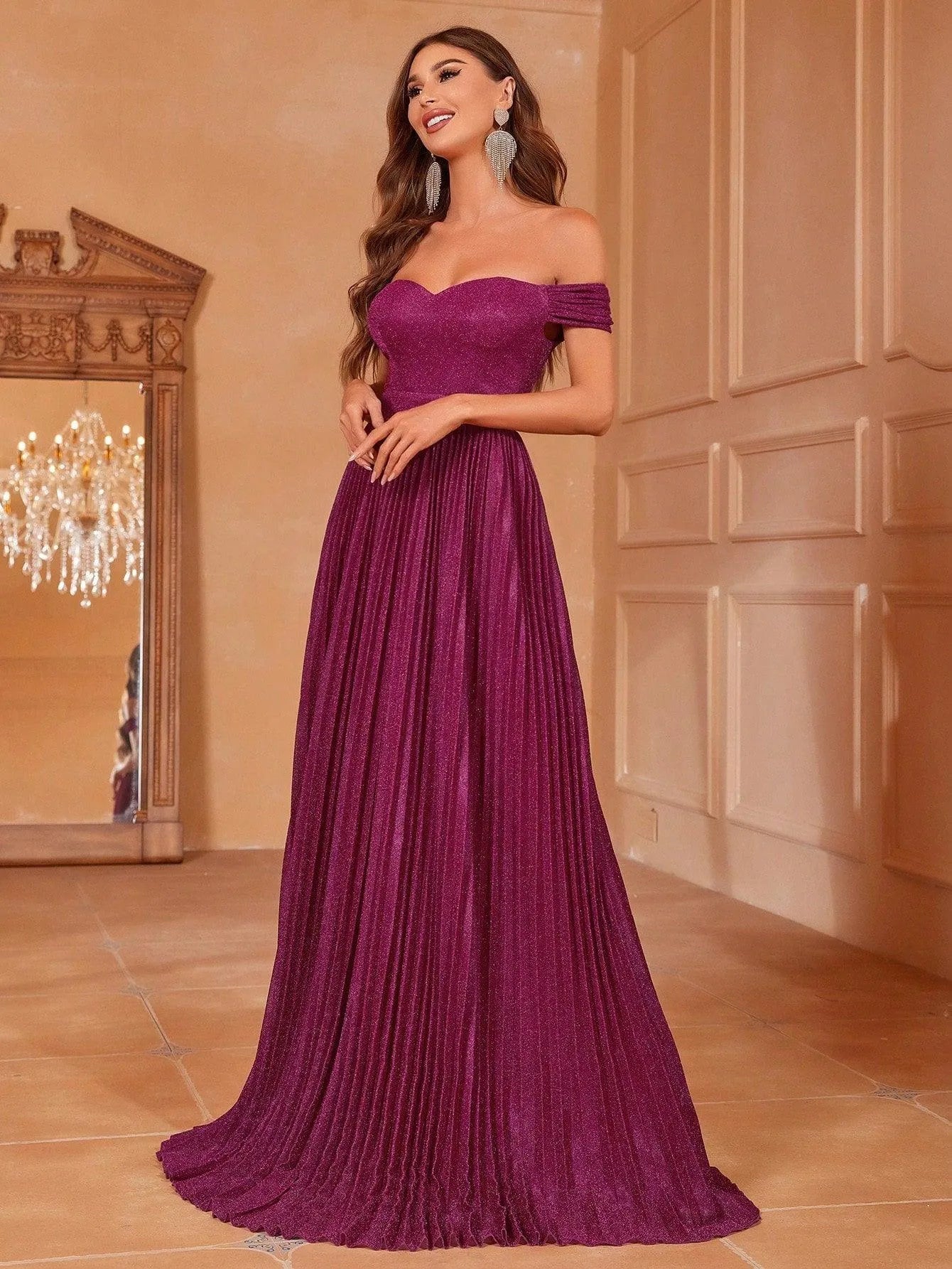 Glitter Off Shoulder Pleated Prom Dress - Elonnashop