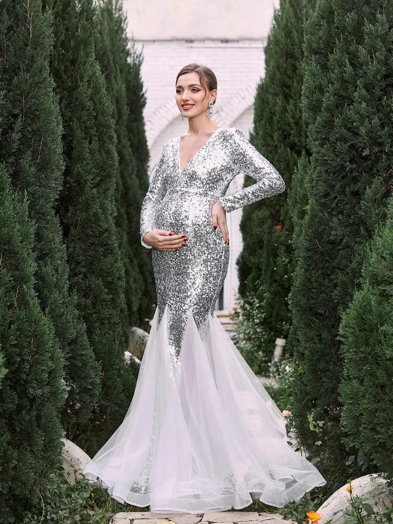 Maternity V Neck Long Sleeves Sequin Mermaid Dress - Elonnashop