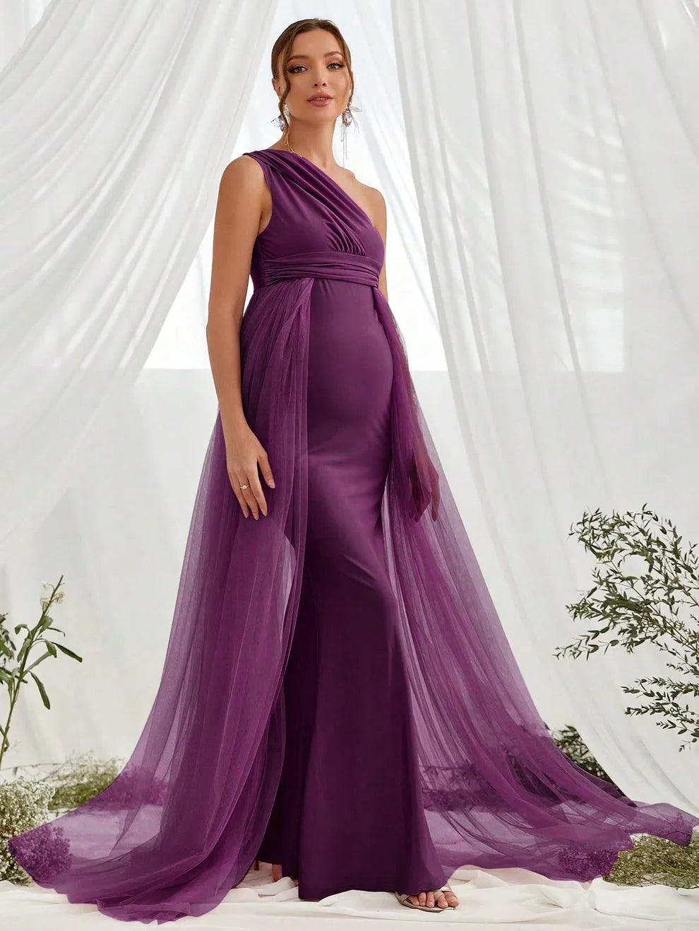 Maternity One Shoulder Contrast Mesh Mermaid Prom Dress - Elonnashop