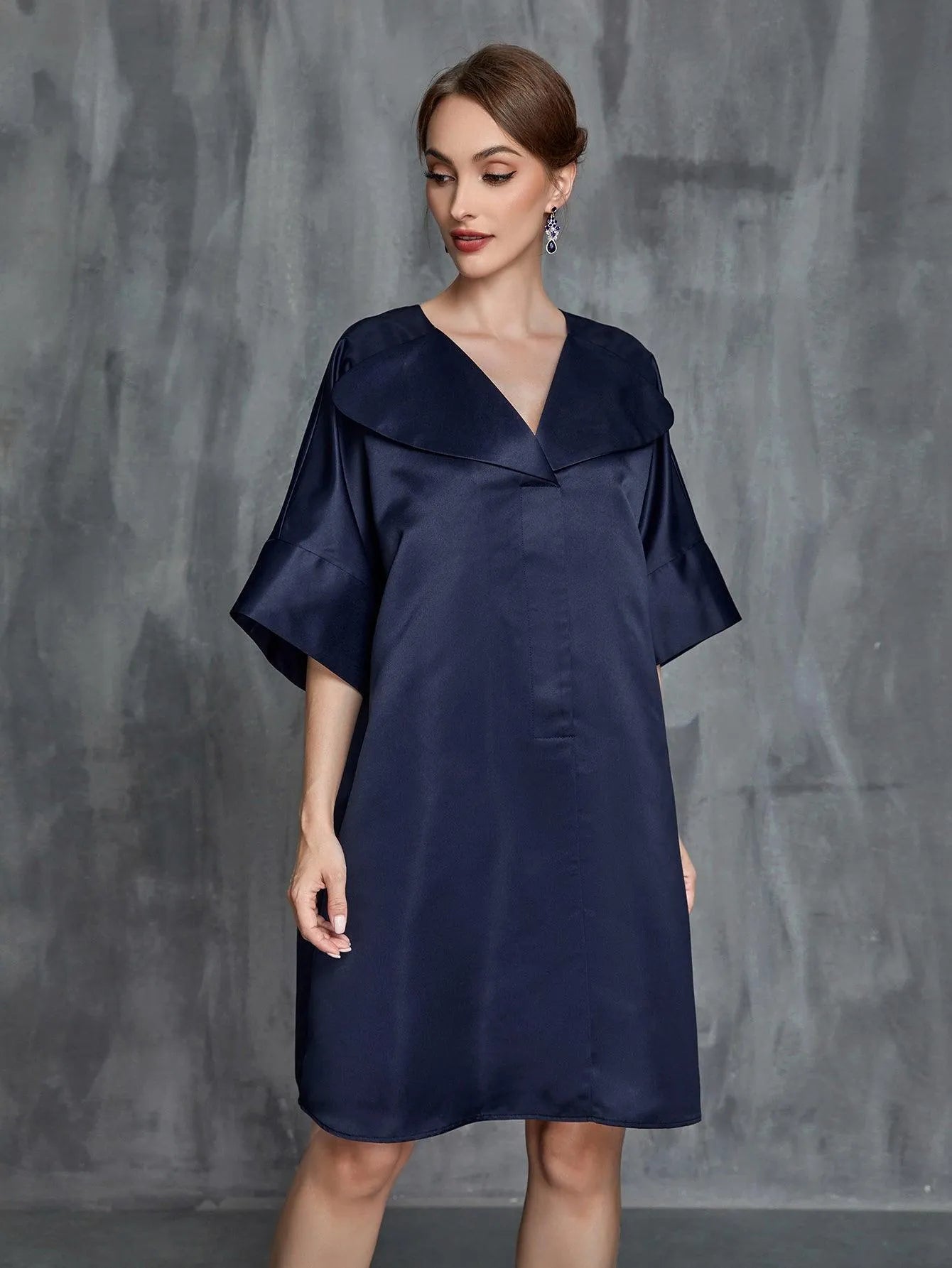 Womens' Solid Half Sleeves Satin Midi Dress - Elonnashop