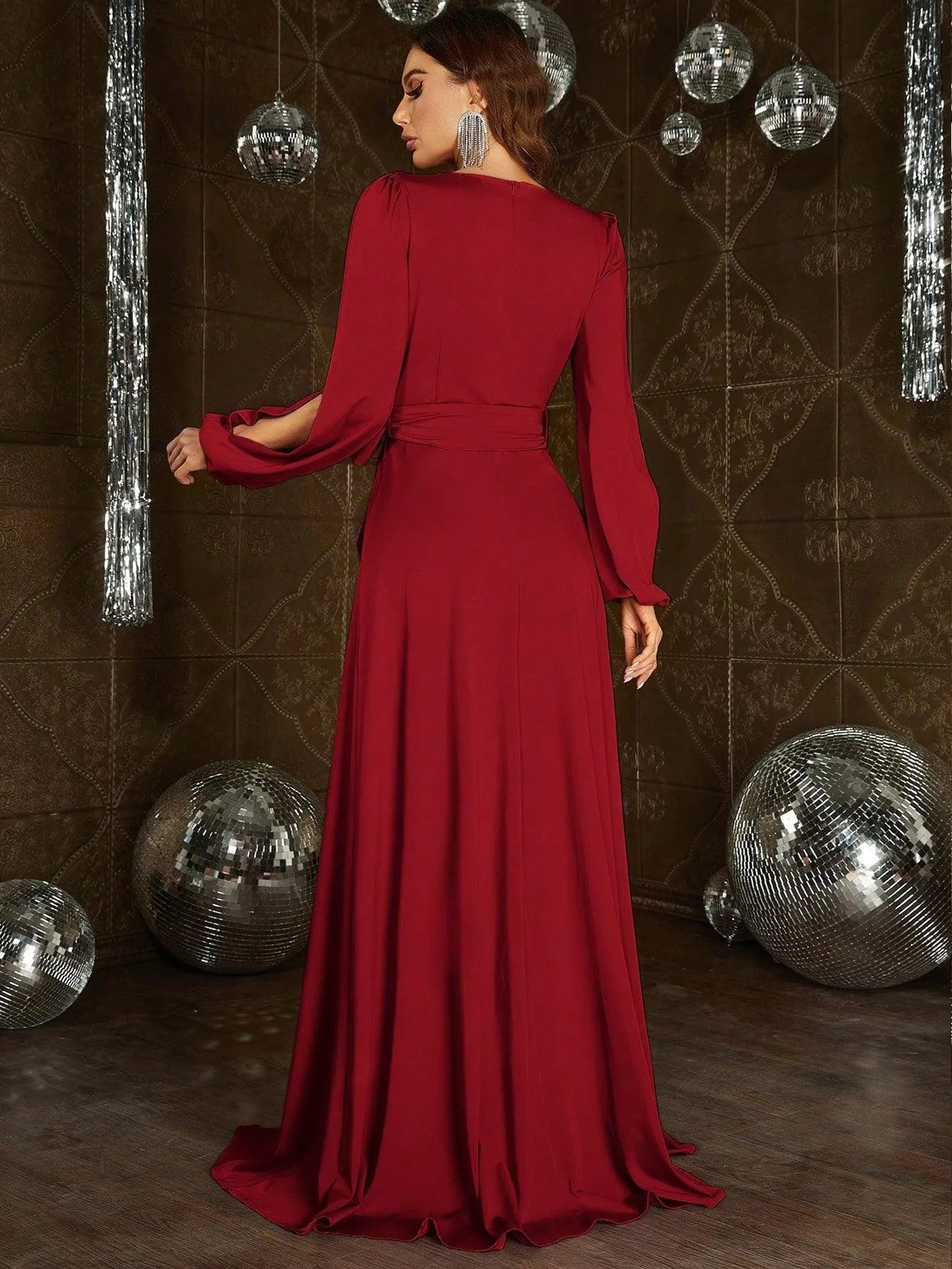 Elegant V Neck Slit Long Sleeve A-Line Dress - Elonnashop