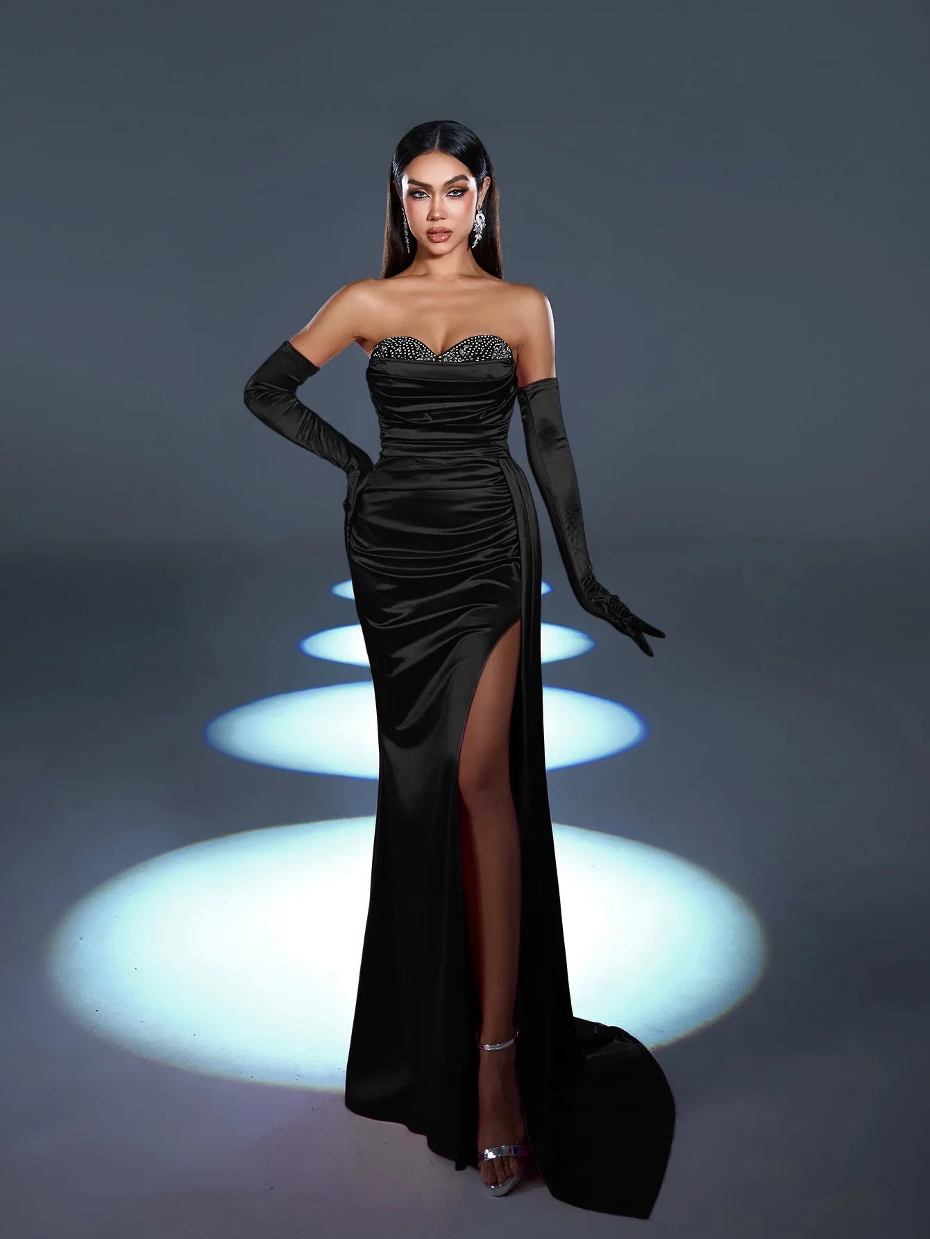 Elegant Rhinestone Detail Split Satin Formal Party Tube Dress （Gloves Included）