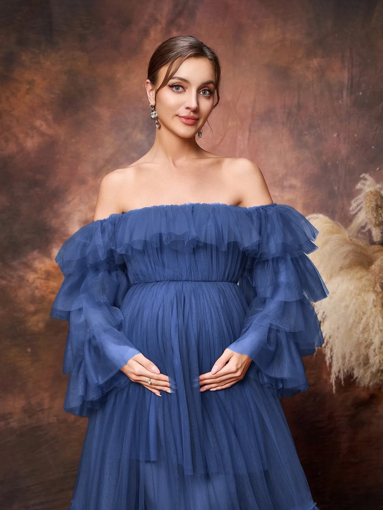 Maternity Ruffle Trim Off Shoulder Mesh Overlay Photography Dress