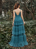 Gorgeous Plunging Neck Tiered Tulle Slip Prom Dress - Elonnashop