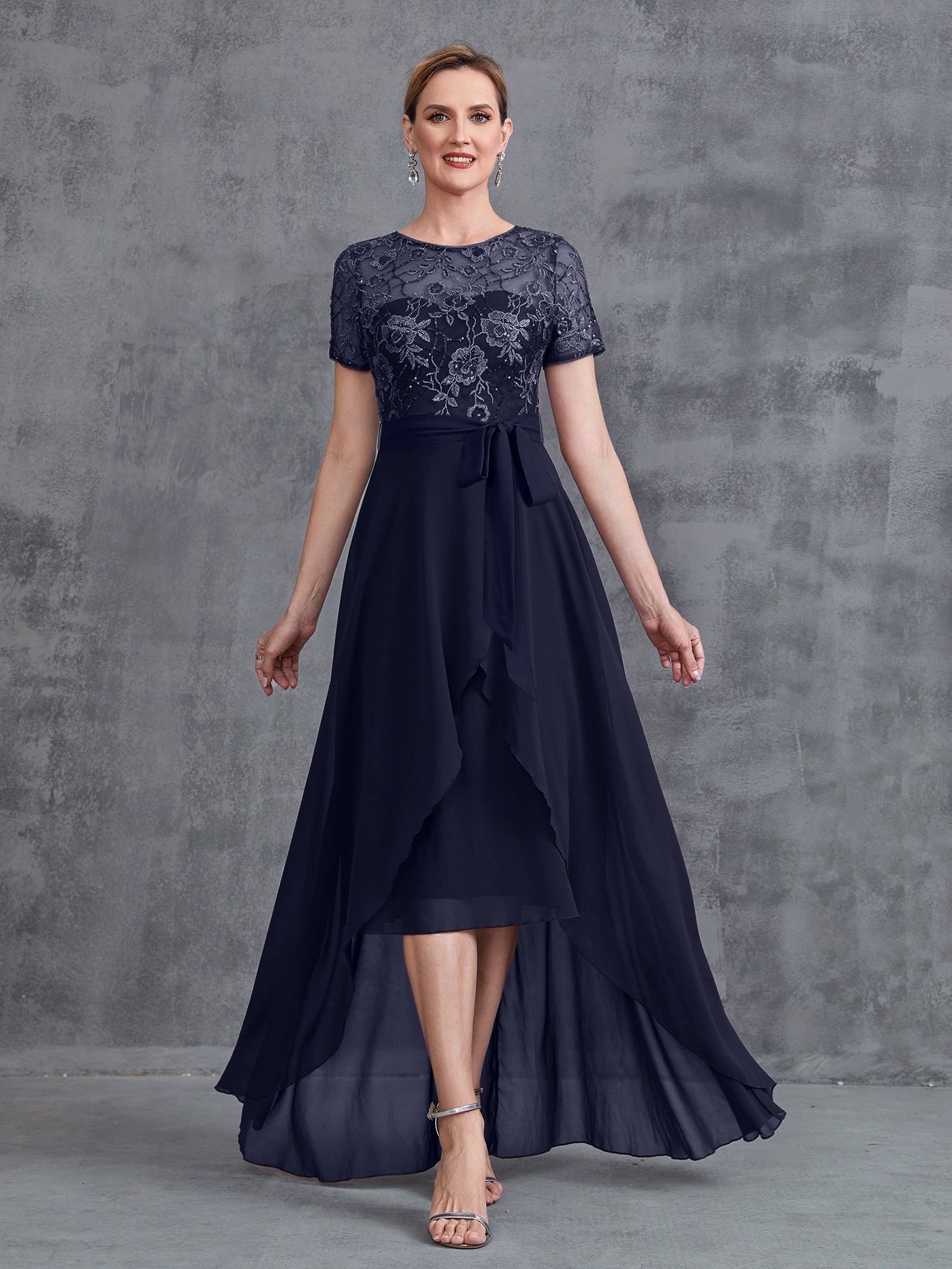 Womens' Elegant Mother-of-the-Bride Gown: Embroidered Sequin Bodice with Asymmetric Chiffon Skirt – Formal Dress for Beach Weddings & Evening Galas